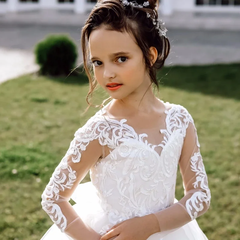 Vestidos blancos de flores para niña, patrón de tul blanco con lazo y cola, manga larga para boda, fiesta de cumpleaños, vestidos de primera comunión