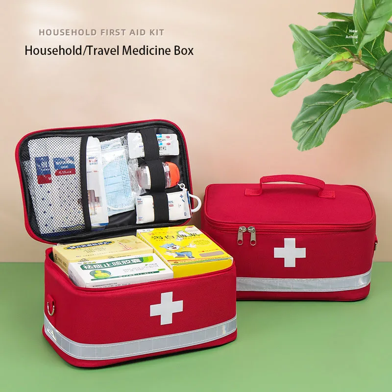 Portable Home Car First Aid Kit Bag Red Pouch with Reflective Strip Emergency Medical Travel Camping Hiking Outdoor Storage Bag