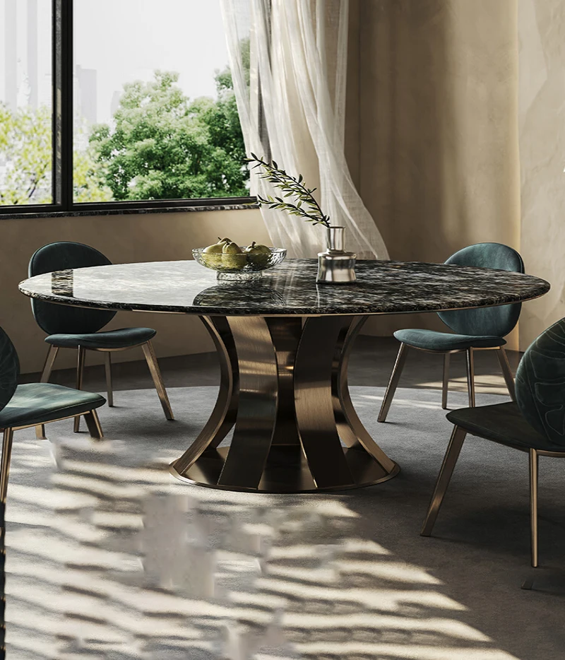 Designer light luxury natural luxury stone round table and chair combination high-end villa restaurant marble table with turntab