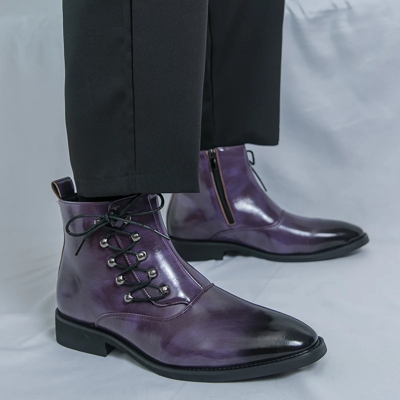 

Мужские высокие сапоги из искусственной кожи со шнуровкой и заклепками, модные мужские ботинки, размеры 38-46