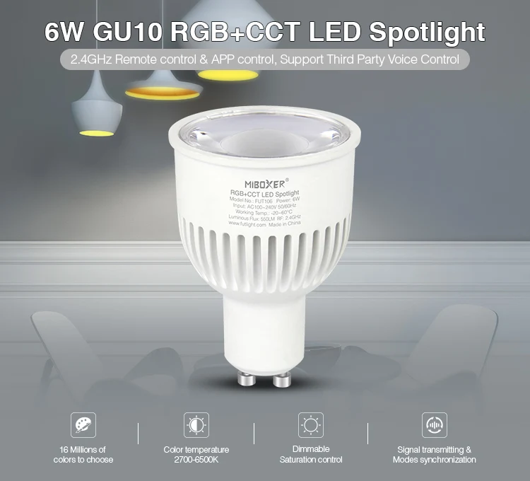 Miboxer Ac100 ~ 240V Fut106 Rgb Cct Led Spotlight Focos 6W Gu10 Led Spot Light Lamp Afstandsbediening Of App Voor Huizen Restaurants Bars Roon