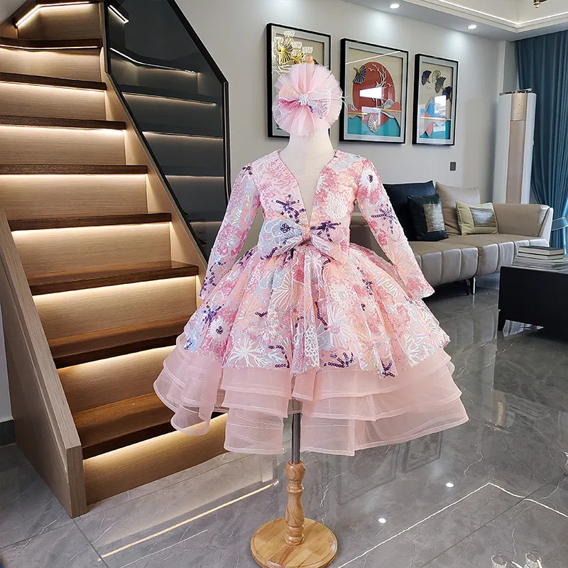 Vestido de noite curto de lantejoulas infantil, vestidos de princesa fofos, vestidos de festa infantil, luxo, 2022