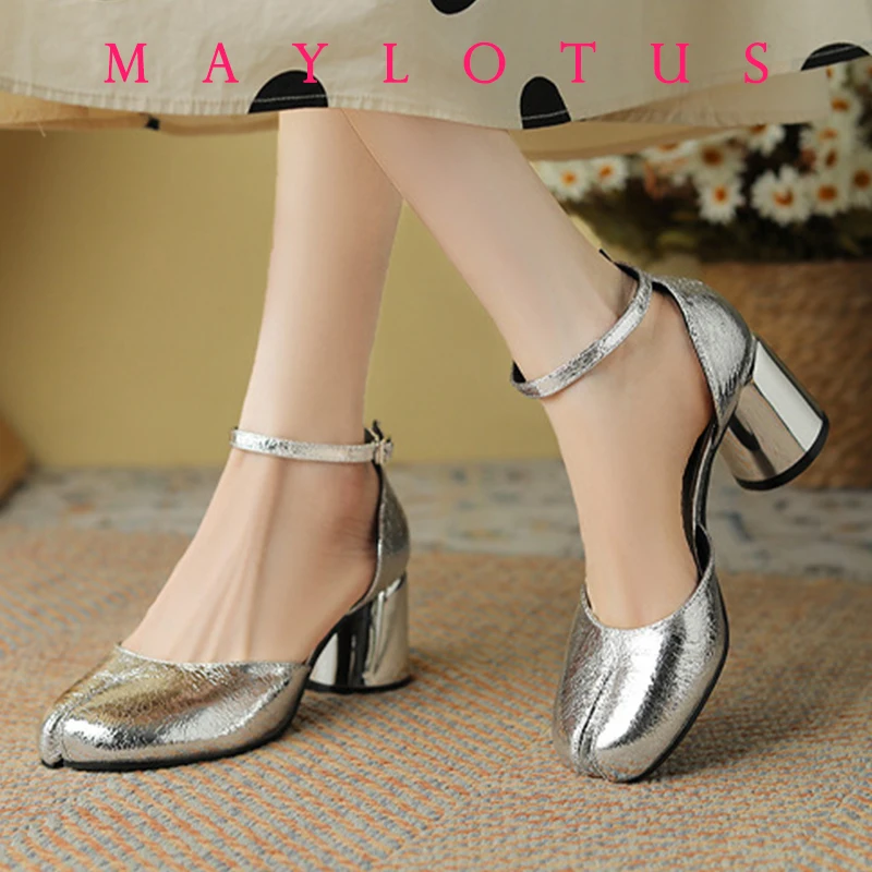 Split Toe Shoes 8cm High Heel Tabi Shoes Elegant Patent Leather Women Footwear Ankle Strap Buckle Lady Moccasins Shoes