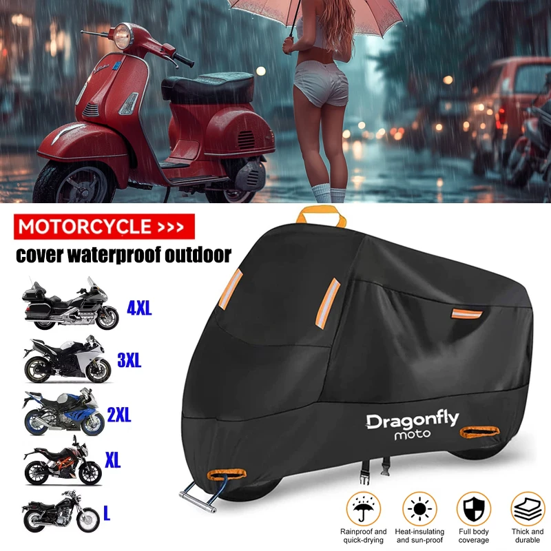 

Protective Motorcycle Cover Waterproof 210D Polyester UV Resistant Outdoor Tarpaulin for Scooters with Reflective Safety Strips