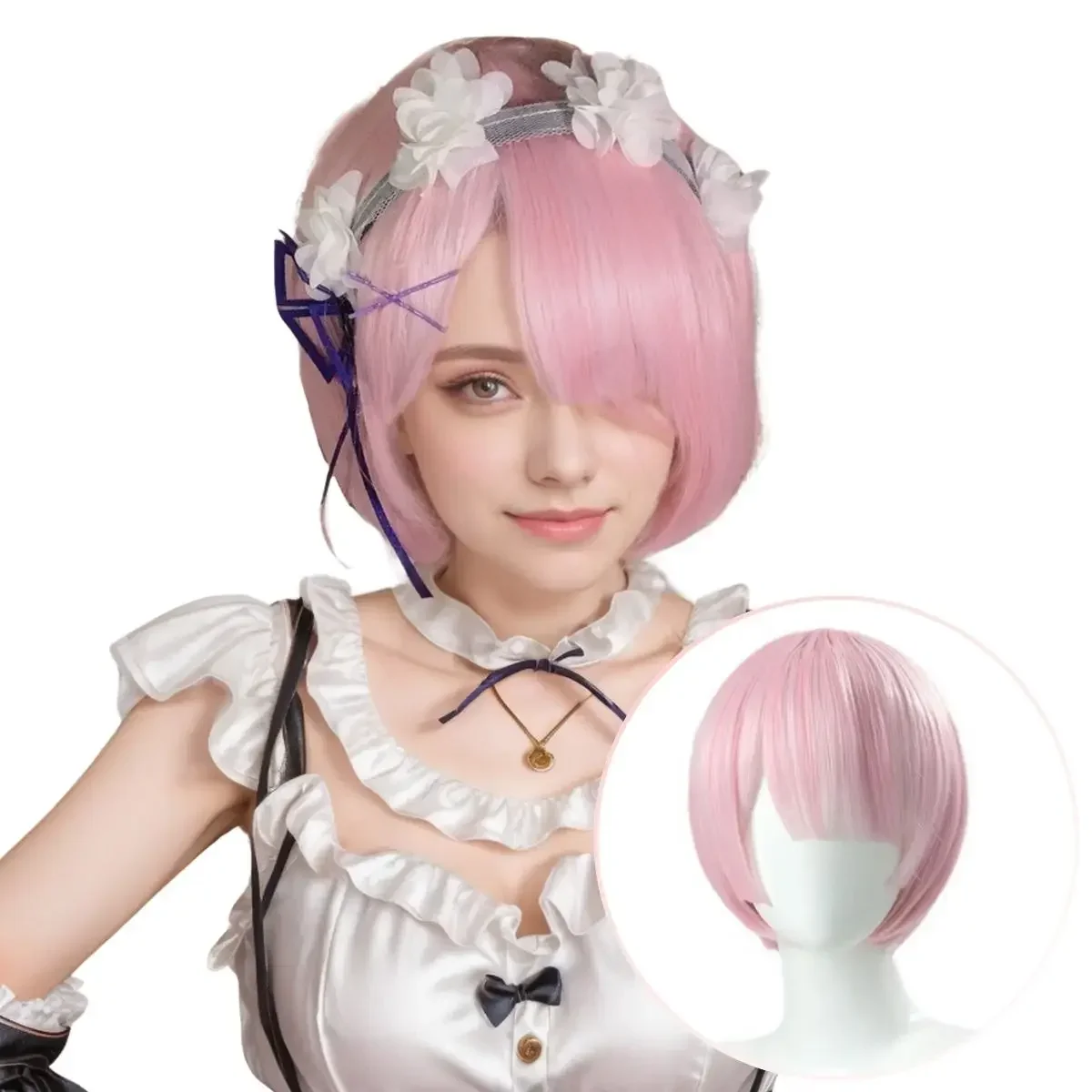 2025 Halloween Perruque de Cosplay synthétique rose courte Lolita avec frange, cheveux résistants à la chaleur pour femmes,