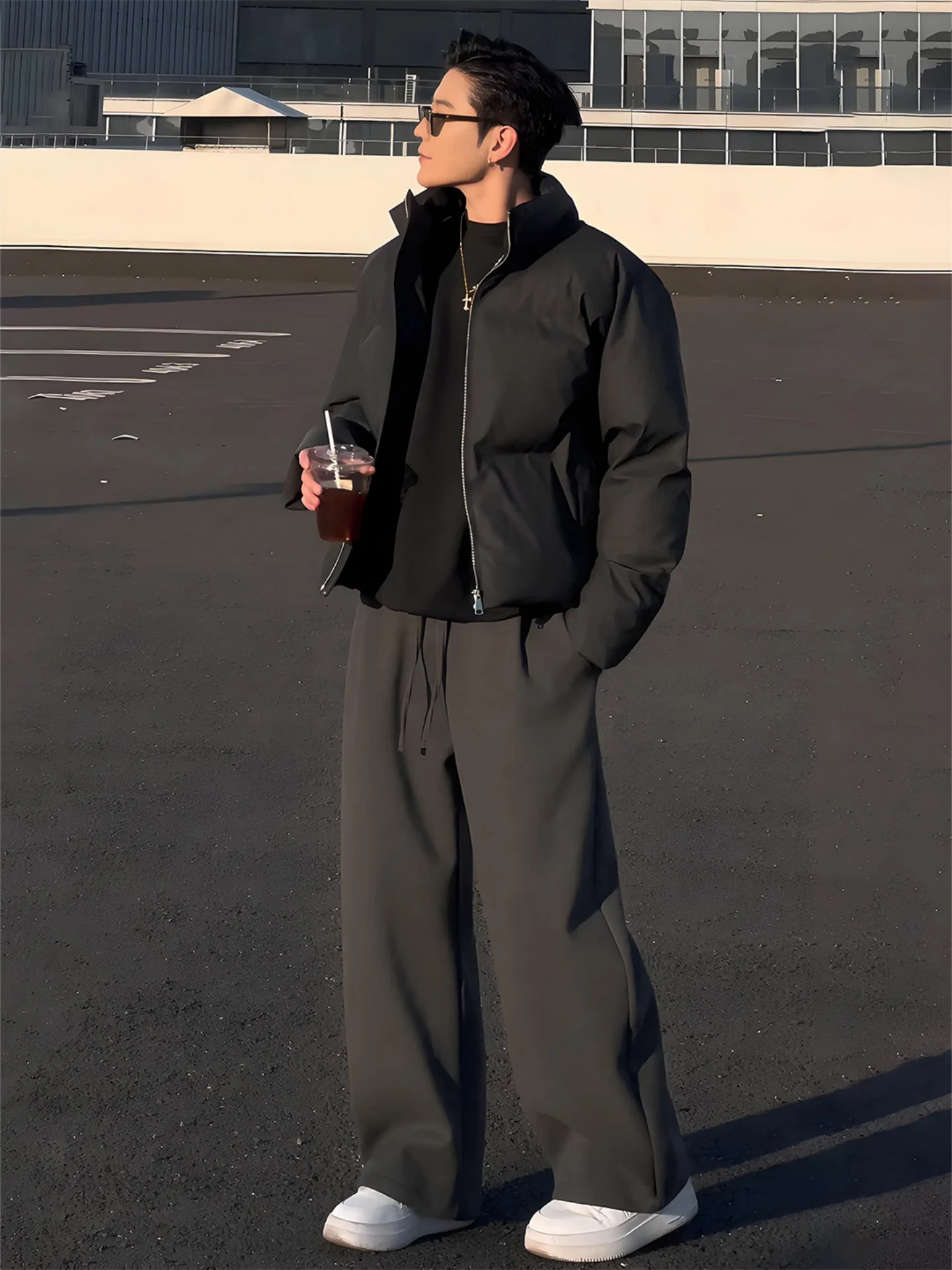 

American Sle Pu Leather Stand Collar Thiened Winter Jaet Men's ort Bread Sle Coat Warm Cotton Casual Outerwear