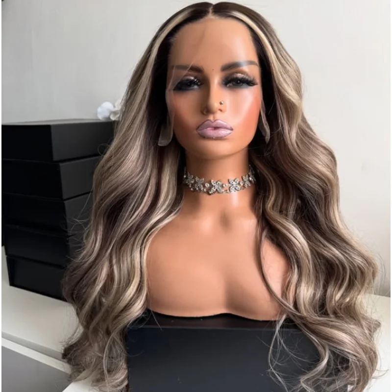 

Brown Wig Mix Blonde Streak Wavy Synthetic Lace Front Wig Soft Hairline Highlight Glueless Wig for Women Platinum Ashy Brown Wig