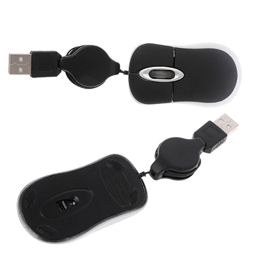 

2Pcs Mini Optical Mouse Retractable Cord Ergonomic Design Comfortable for Both Hands Compact Travel Size Plug and Play USB
