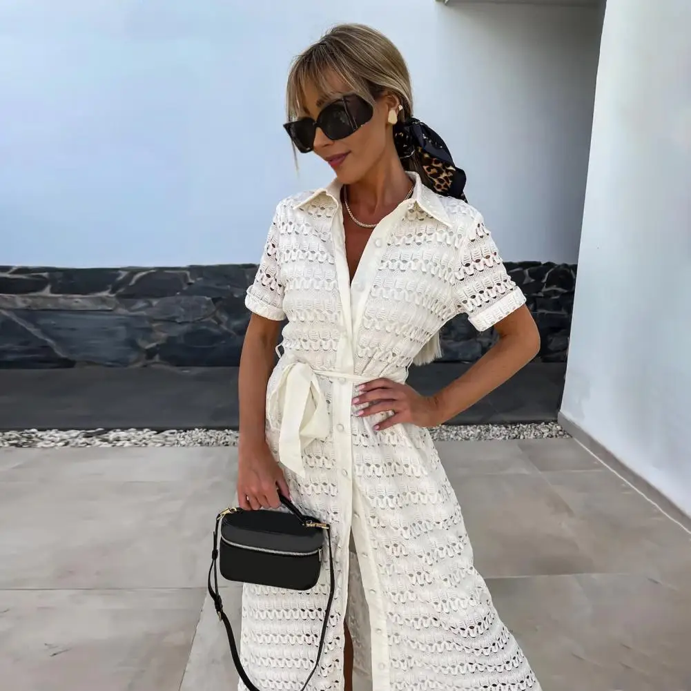 Women Dress Stylish Summer Women's A-line Midi Dress with Turn-down Collar Lace-up Belted Waist Short Sleeves Chic Hollow Out