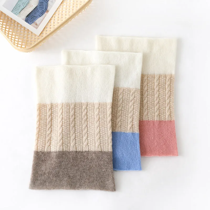 Korean Cashmere Neck Cover Ring Scarf for Women, Color Block Wool, Knitted, Double Sided, Keep Warm, Soft, Autumn and Winter