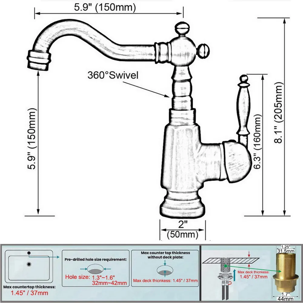 Rose Gold Color Brass Single Handle Faucet, Banheiro e Pia de Cozinha, Deck-montado Mixer Tap, Um Buraco, Bico Giratório, mnf708