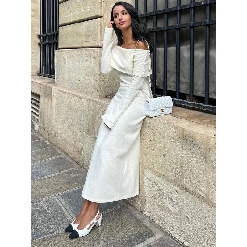 Bonny moda abito lungo in maglia con spalle scoperte femminile a costine allentato a vita alta elegante abito da festa autunnale abito maxi in maglieria da donna