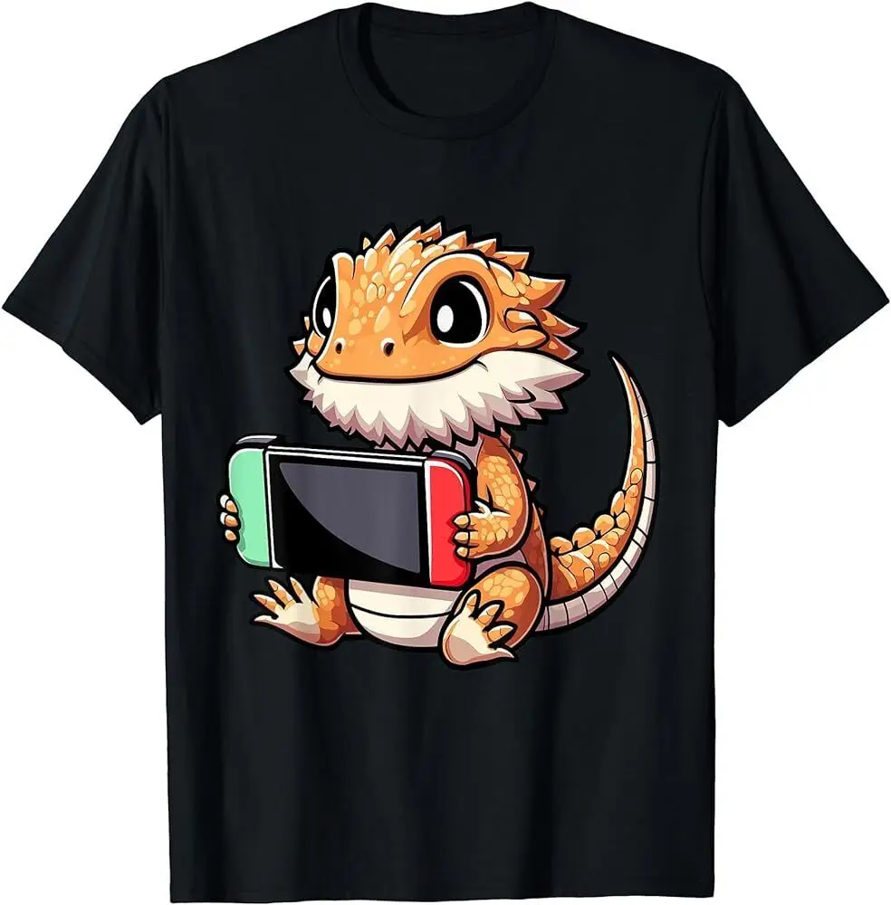 Cute Bearded Dragon Playing Video Games Funny Gamer T Shirt long or short sleeves