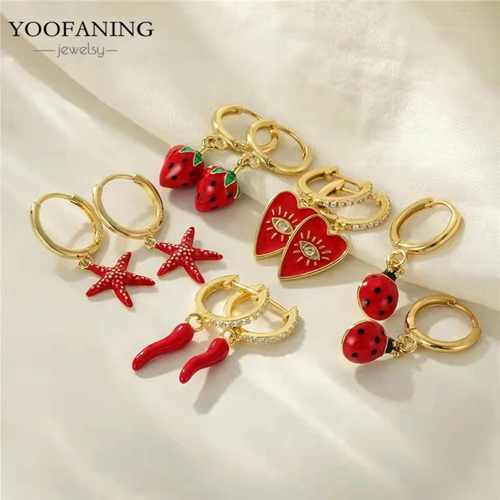 925 Sterling Silver Needle Exquisite Hoop Earrings Red Zircon  Love Strawberry Starfish Red Series Women\'s Earring Jewelry gift