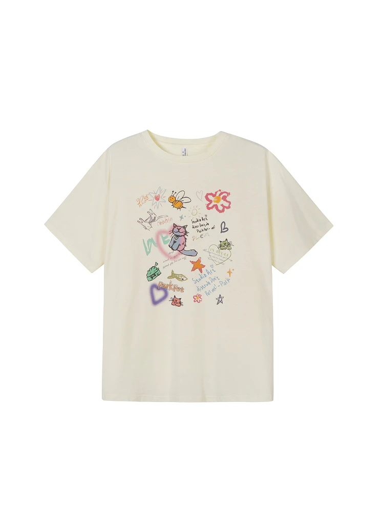 

Sinbounboun Korean Sle Cartoon Print ort Sve Women's T-irt Loose Fit round Ne Summer Versatile Design Top