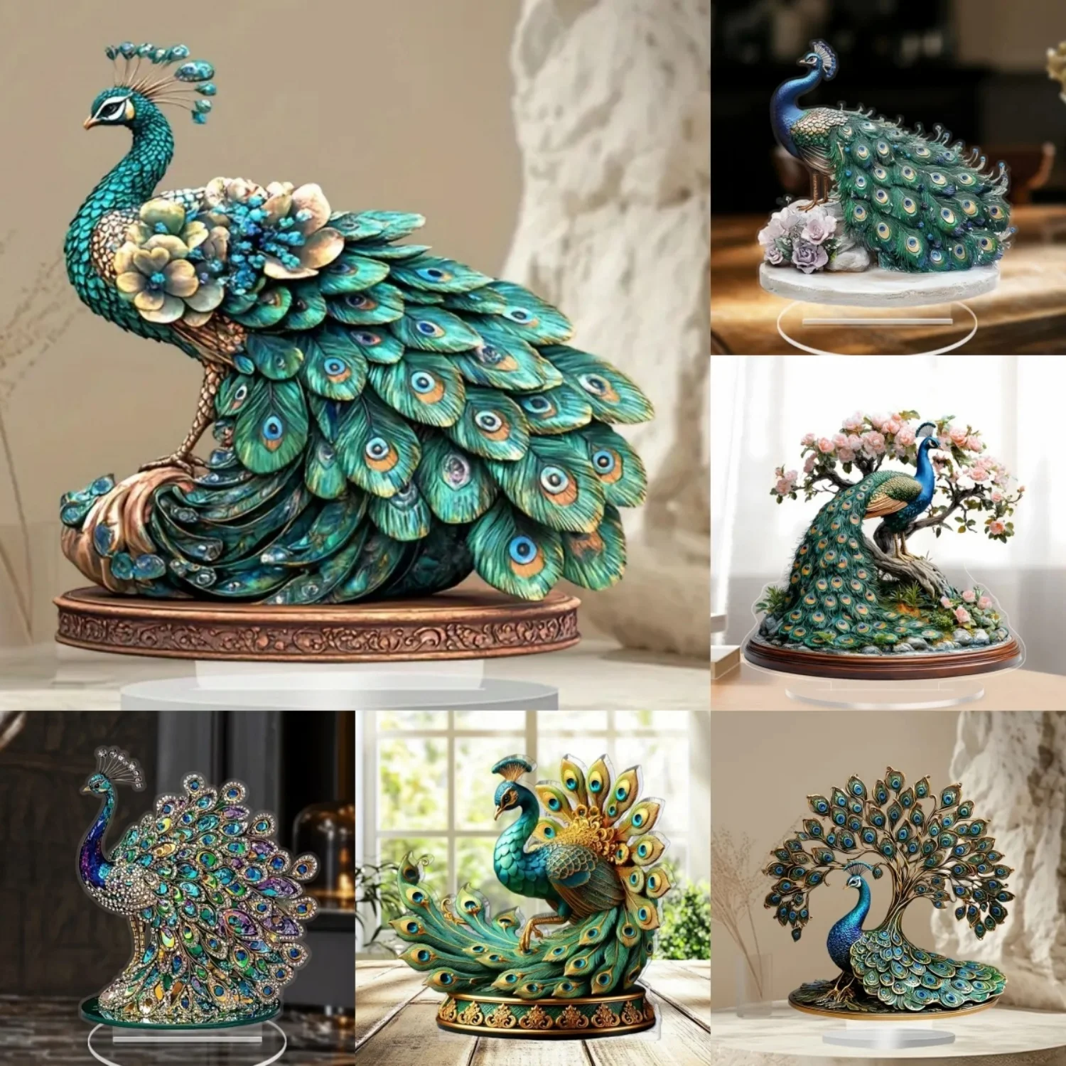 Pretty Green Peacock Statue, 2D Flat Acrylic Figurine,Home,Office,Cafe,room,Studio,display Case,Table Ornament Desktop Decor Kit