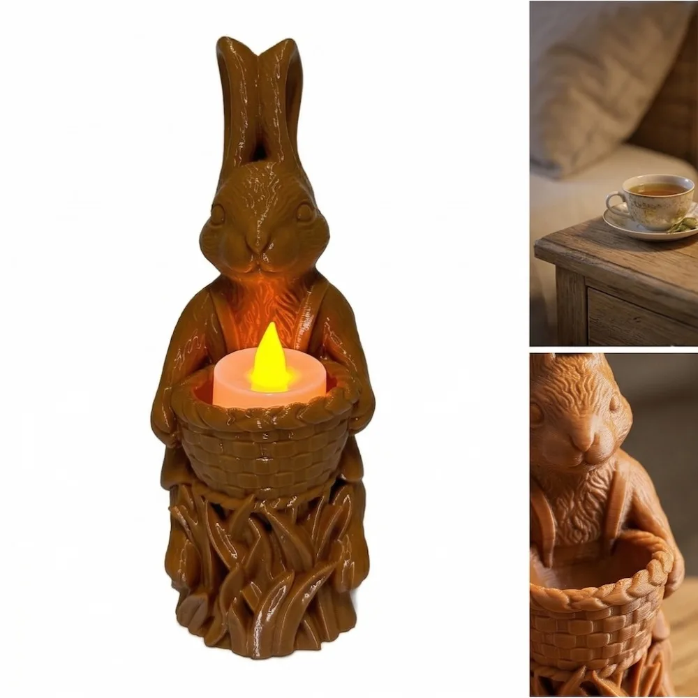 Detailed Vintage Brown Rabbit Statue Flameless Candle Adorable Bunny Ear Tea Light Home Tabletop Decor Easter Spring Centerpiece