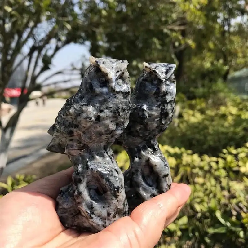 9.5cm Natural Larvikite Owl Animal Carving Home Decoration Healing Energy Fengshui Stone Children Birthday Gift 1PCS