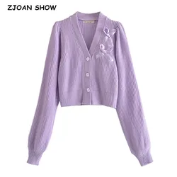 Vintage Purple Spliced Ribbon Bow Knitted Cardigan Women V neck Single-breasted Button Sweater Full Puff sleeve Short Jumper