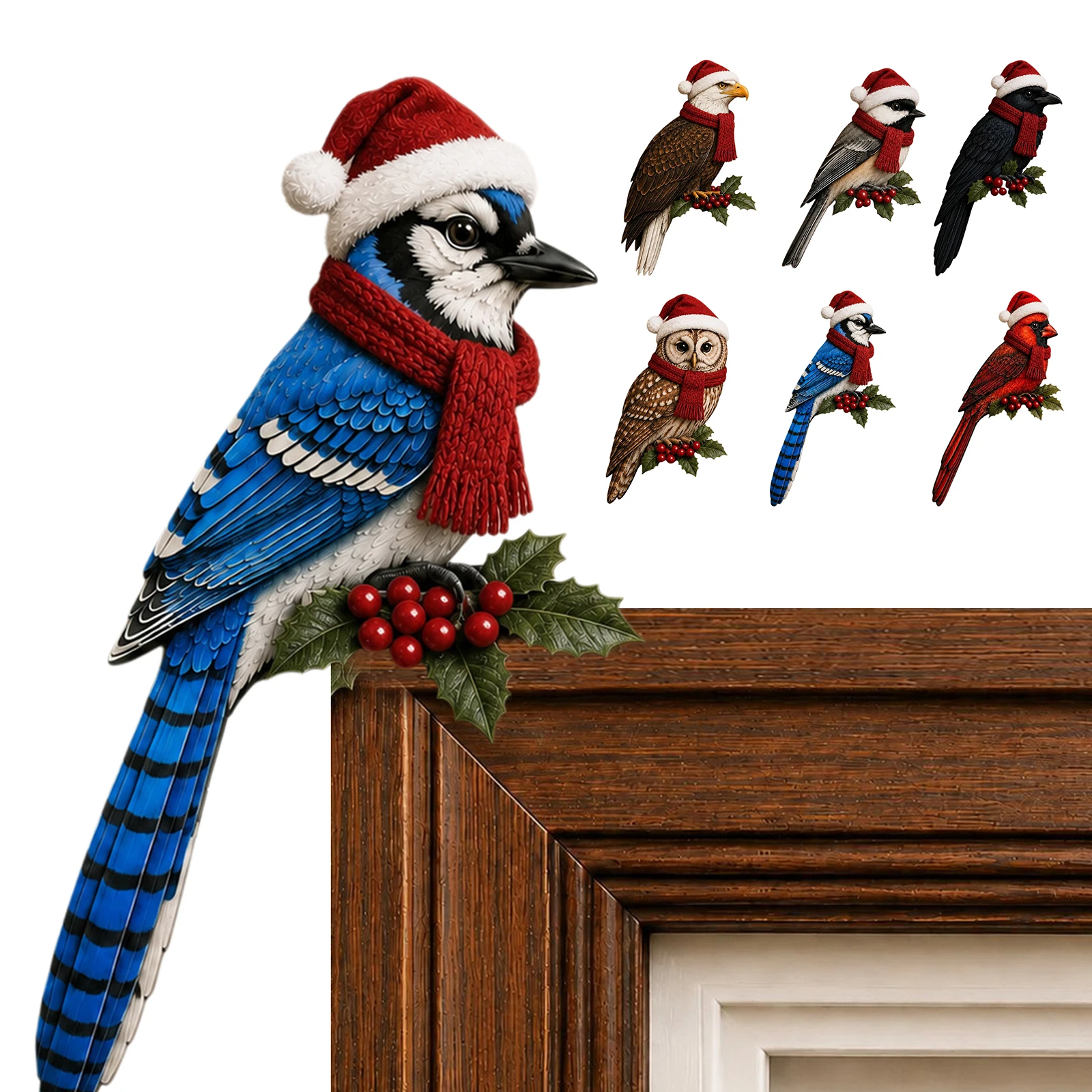 Bird Door Top Wood Ornament Owl Cardinal Blue Jay Realistic Feather Texture Shelf Edge Home Decor Nature Gift