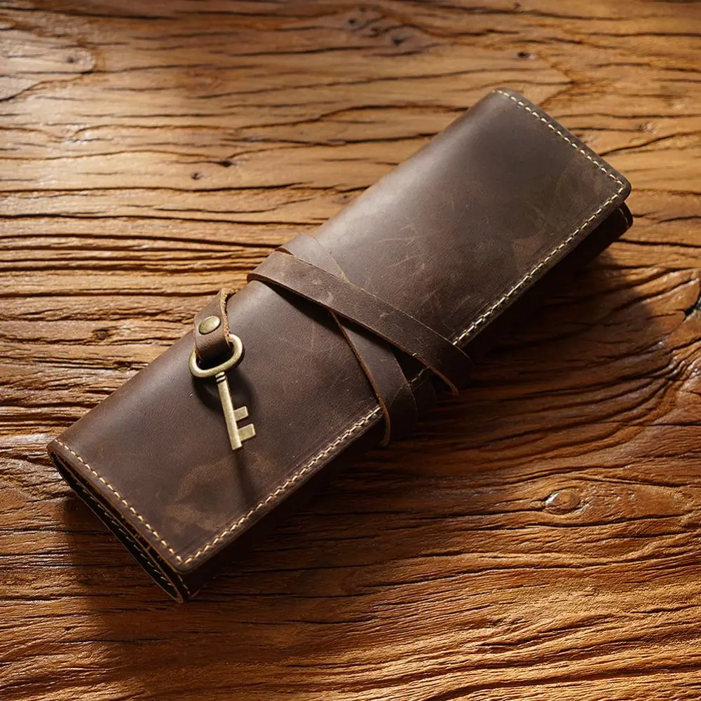 

Cowhide Leather Pen Bag Multi-Compartment Retro Pencil Roll Bag Roll-Up Handmade Vintage Cowhide Pencil Case Literary Style