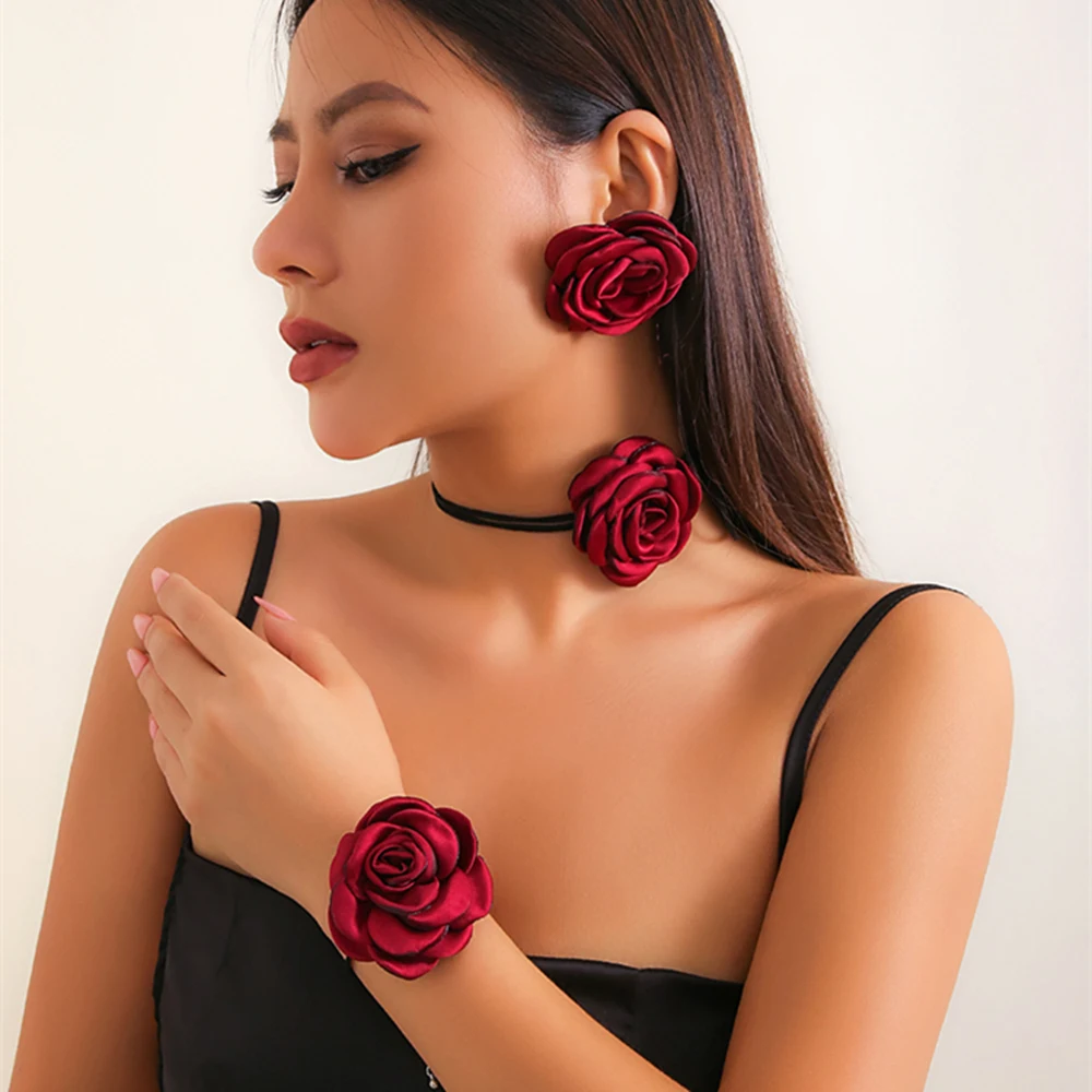 IngeSight.Z Romantic Big Rose Flower Earrings & Necklace Set