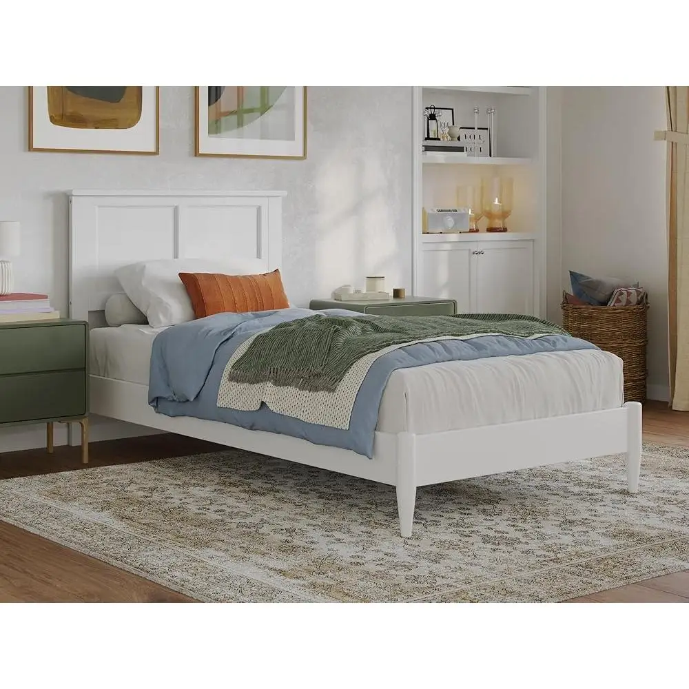 Twin XL Solid Wood Platform Bed Low Profile No Box Spring Required Built-In Charging Station Brush Finish Sturdy Construction