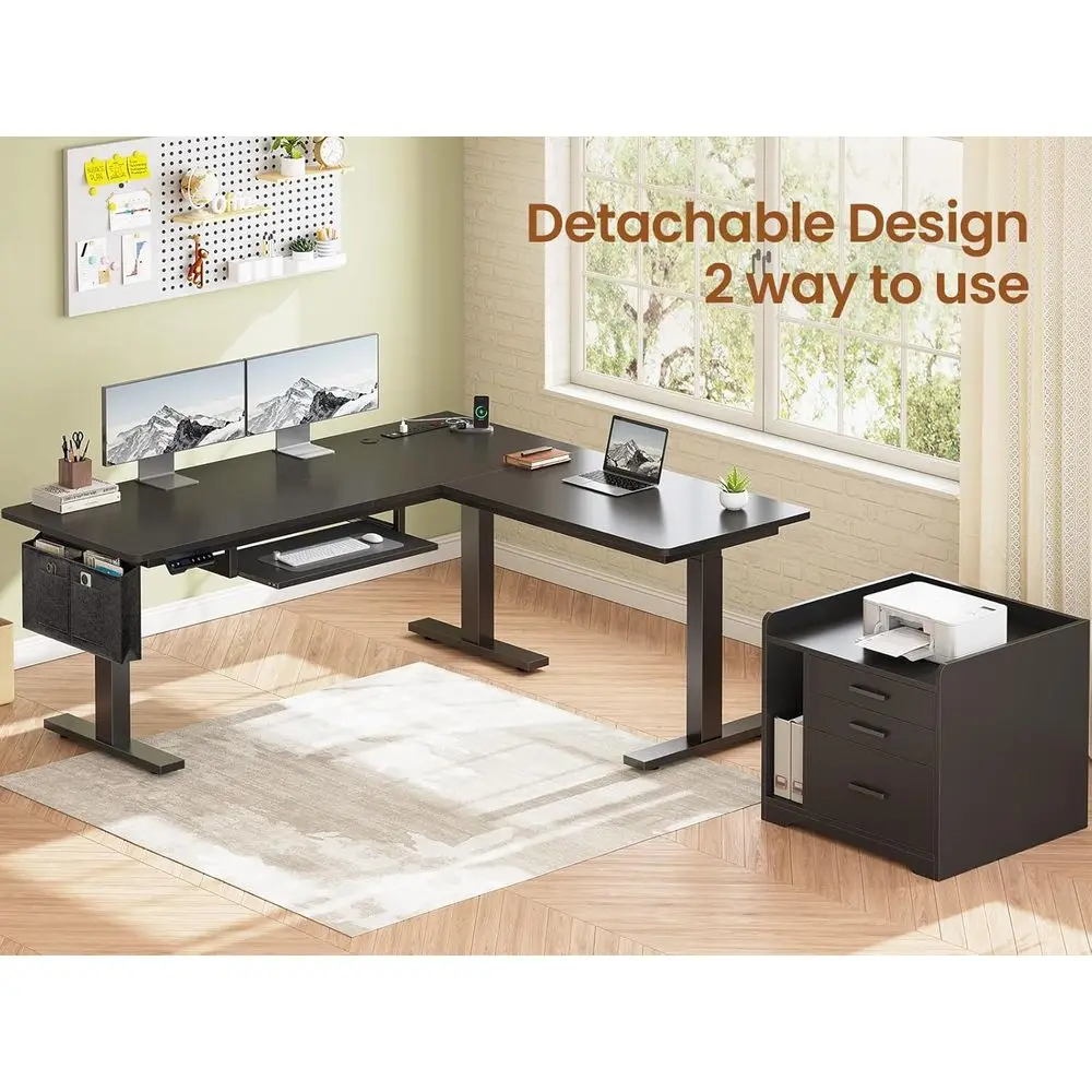 Black L-Shaped Adjustable Standing Desk with Drawers, File Cabinet, Power Outlet, LED Lights, and Keyboard Tray for，Customized
