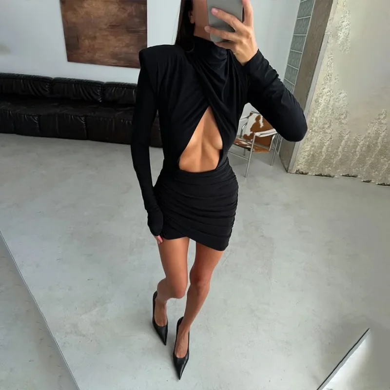 Hohl Sexy Geraffte Kleid Weibliche Dünne Schulter Pads Mode Mini Kleid Zurück Zipper Weibliche Elegante Kleider Hohe Taille