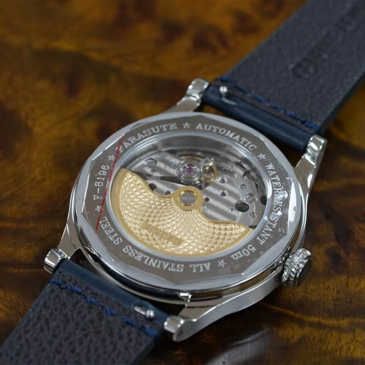 FARASUTE Men Automatic Watch 38mm Luxury Mens Watches Mechanical Wristwatch Arched Curved Mirror Leather Strap Date 821A Retro