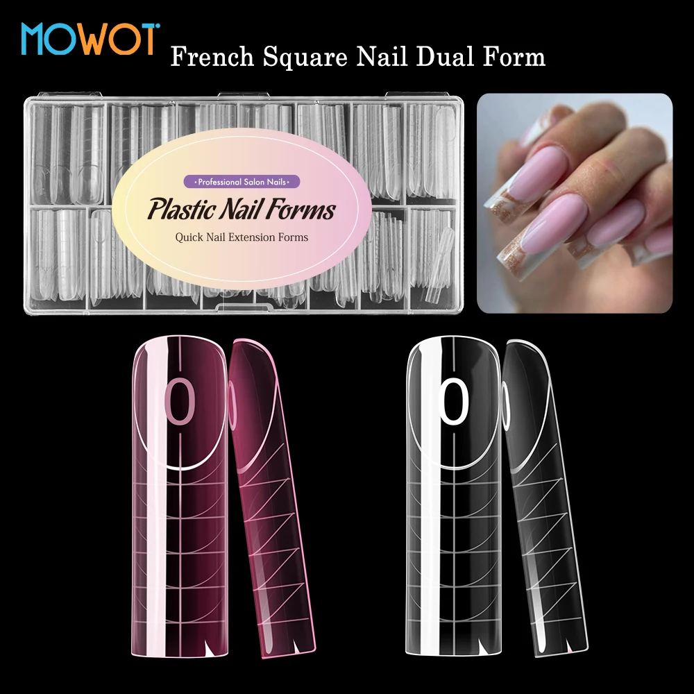 MOWOT 140pcs Square French Dual Nail Forms 14 Sizes Full Cover Reusable Nail Tips Poly Nail Gel Extension Upper Mold Nail Tools
