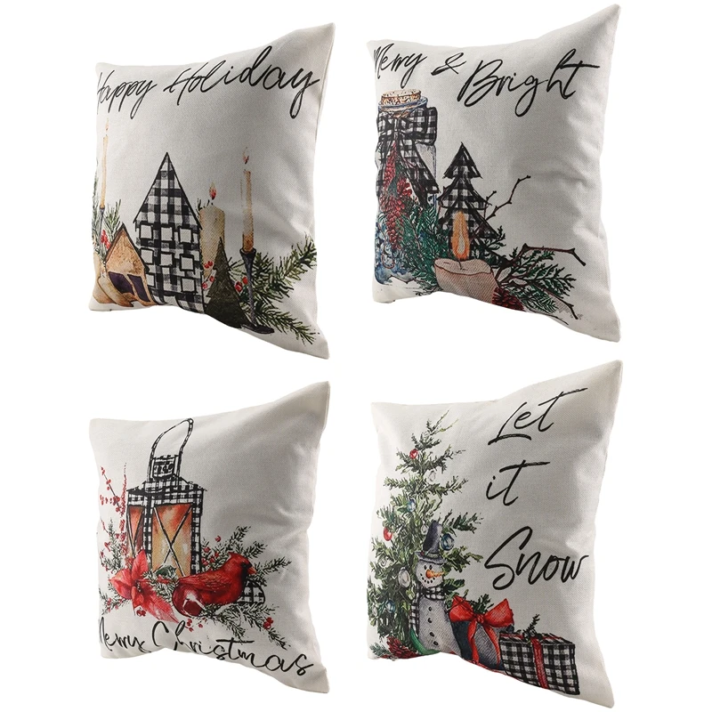 Christmas Throw Pillow Covers 18X18 Set Of 4, Buffalo Check Plaid Snowman Tree Cushion Case Decoration For Sofa Couch