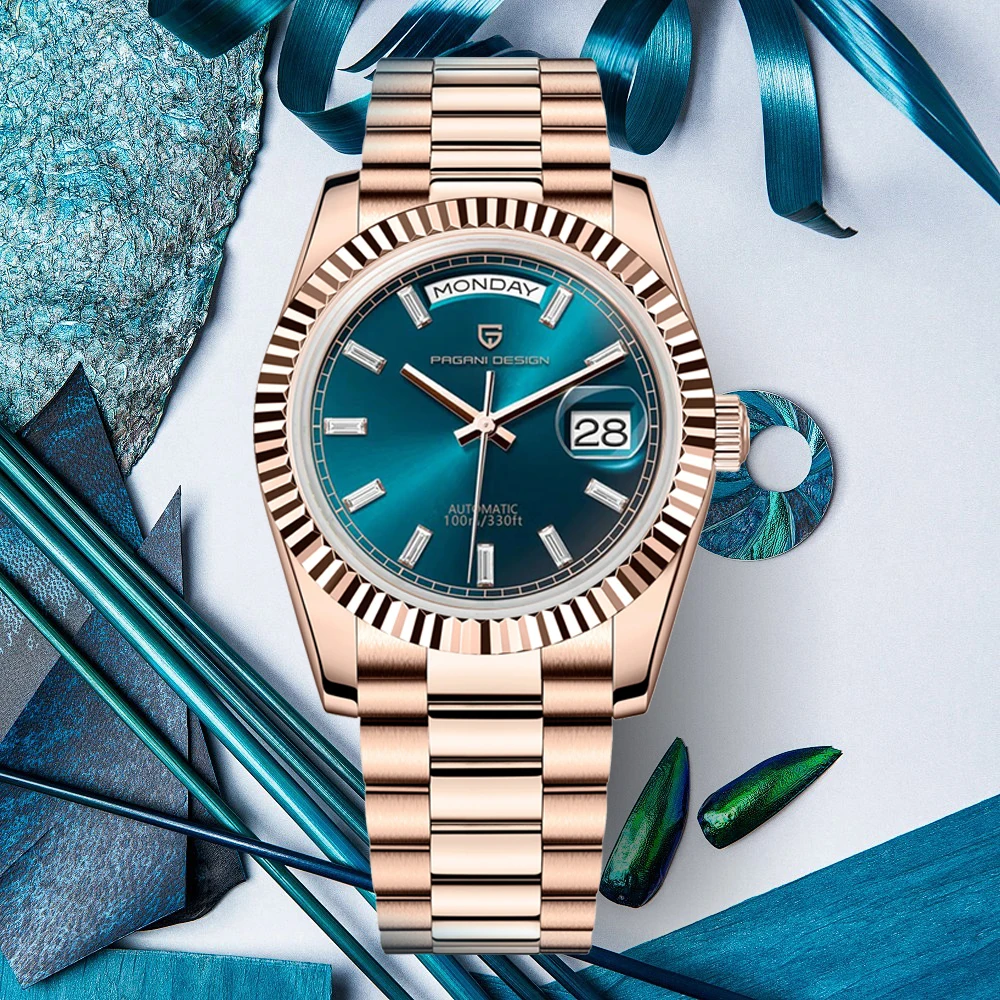 PAGANI DESIGN Rose Gold Men's Automatic Watches NH36 Mechanical Stainless Steel Luxury Wrist Watch for Men Waterproof AR Coating