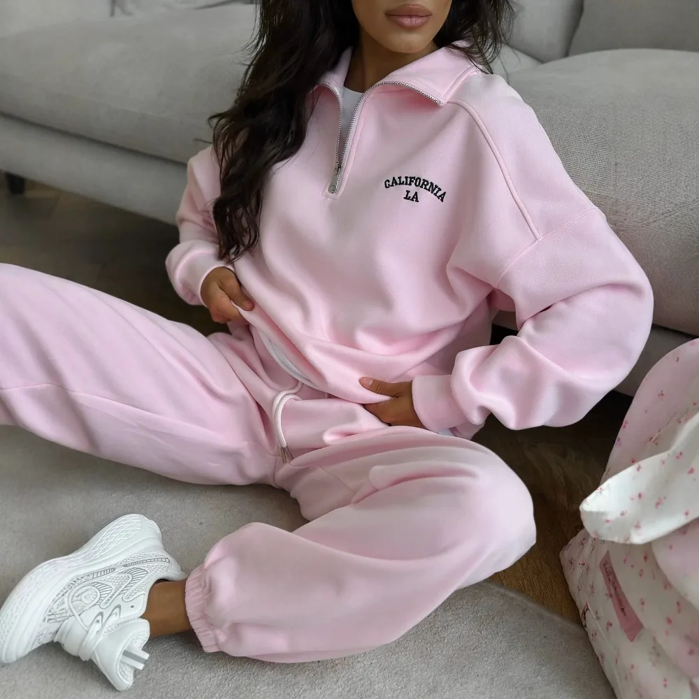 Sports Style Letter Embroidered Hoodie Straight Pants Suit Autumn and Winter Women Gentle Loose Warm Half Zipper Top Pants 2Pcs