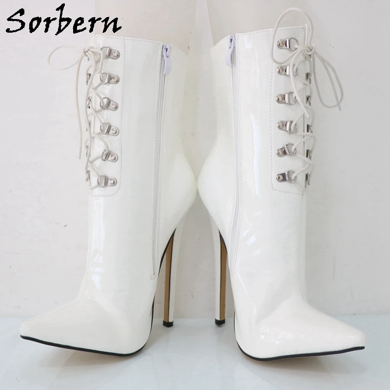 

Sorbern Shiny High Arch White Boots For Women Lace Up Pointed Toe Stilettos Fetish Shoes Hard To Wear Footwear Custom