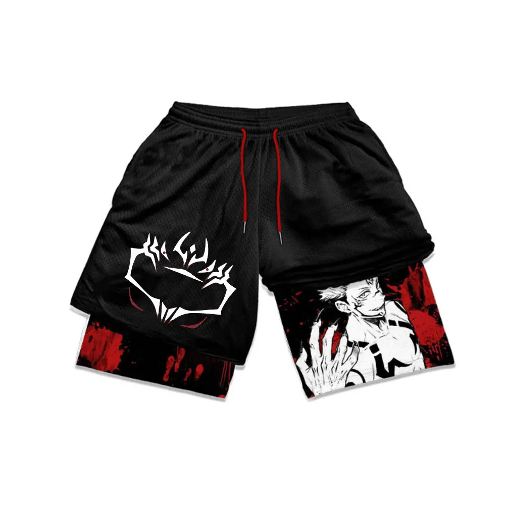 Men\'s 2 in 1 Performance Shorts Male Workout Anime Jujutsu Kaisen Itadori Yuji Print Shorts Training Gym Sportswear Short Pants