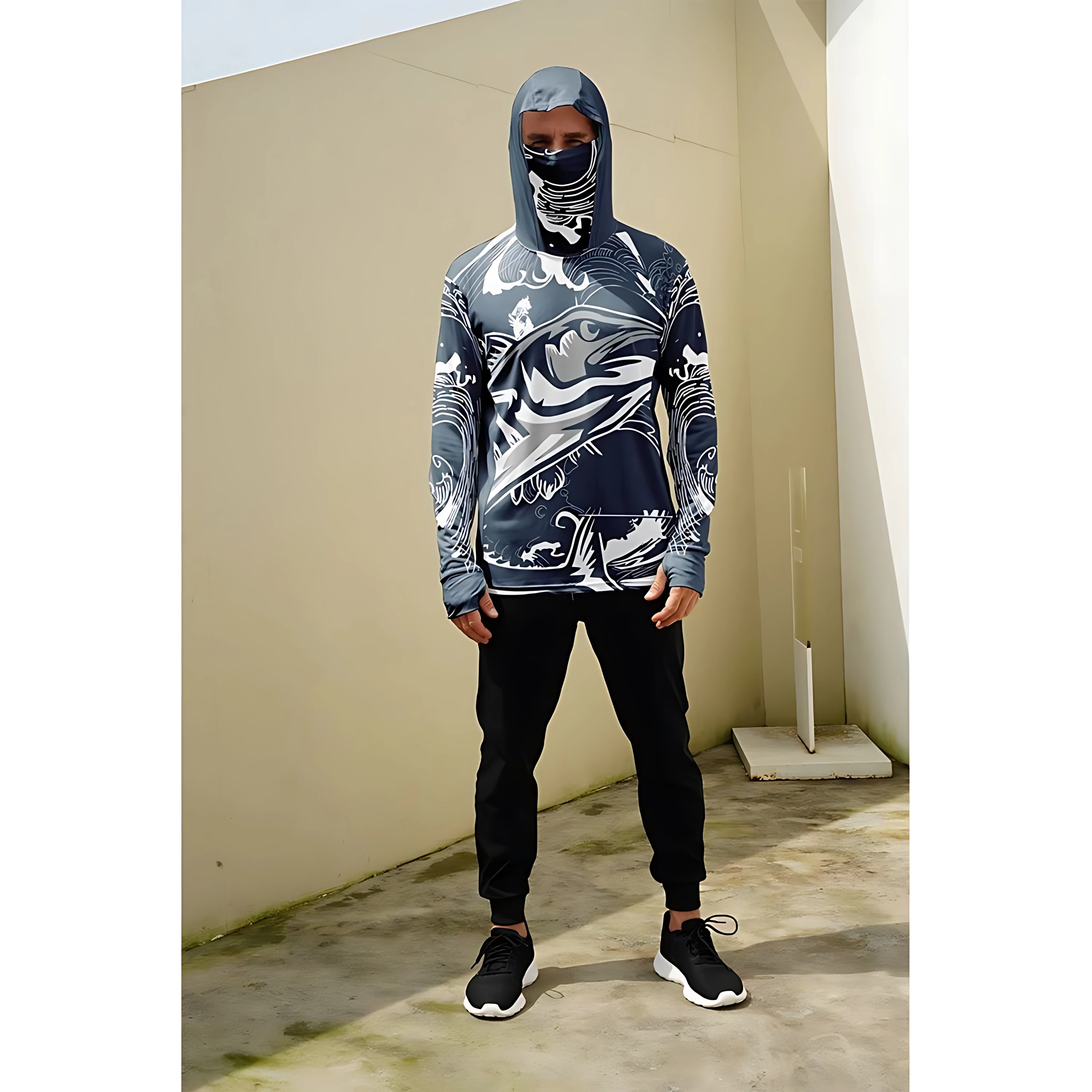 Men's long-sleeved T-shirt with sun protection hooded jacket protective mask one-piece outdoor long-sleeved top view 4