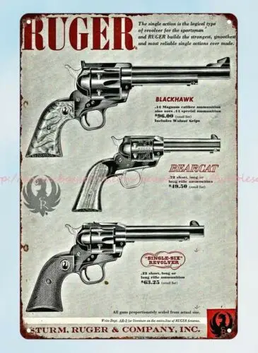 1961 firearm RUGER Blackhawk Bearcat and Single Six gun revolver metal tin sign