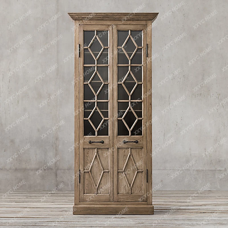 

LSolid wood retro double door bookcase simple display side cabinet