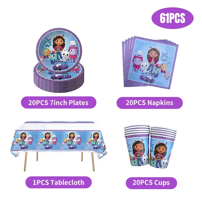 Gabby Dollhouse Birthday Party Decorations Tableware Stickers Popcorn Box Tableware Pink Balloons Party Favors Birthday Decor