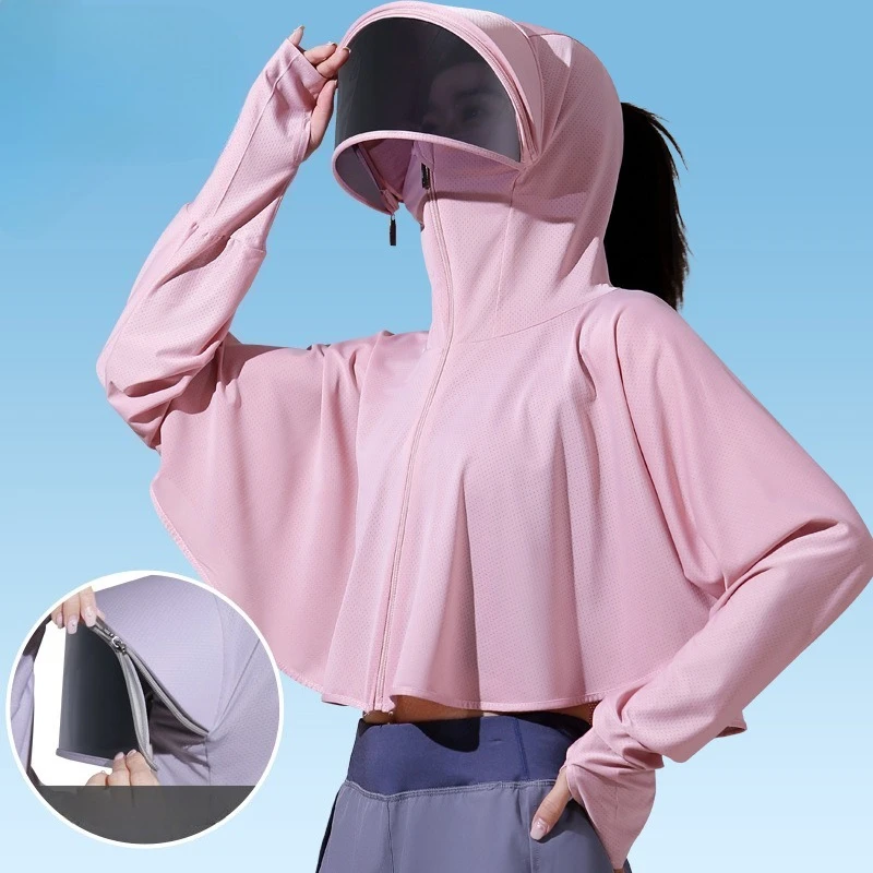 Ice Silk Sun Protection Jacket with Detachable Visor Women's Clothing Breathable Smock UV Protection Ladies Cloak & Cape Outdoor