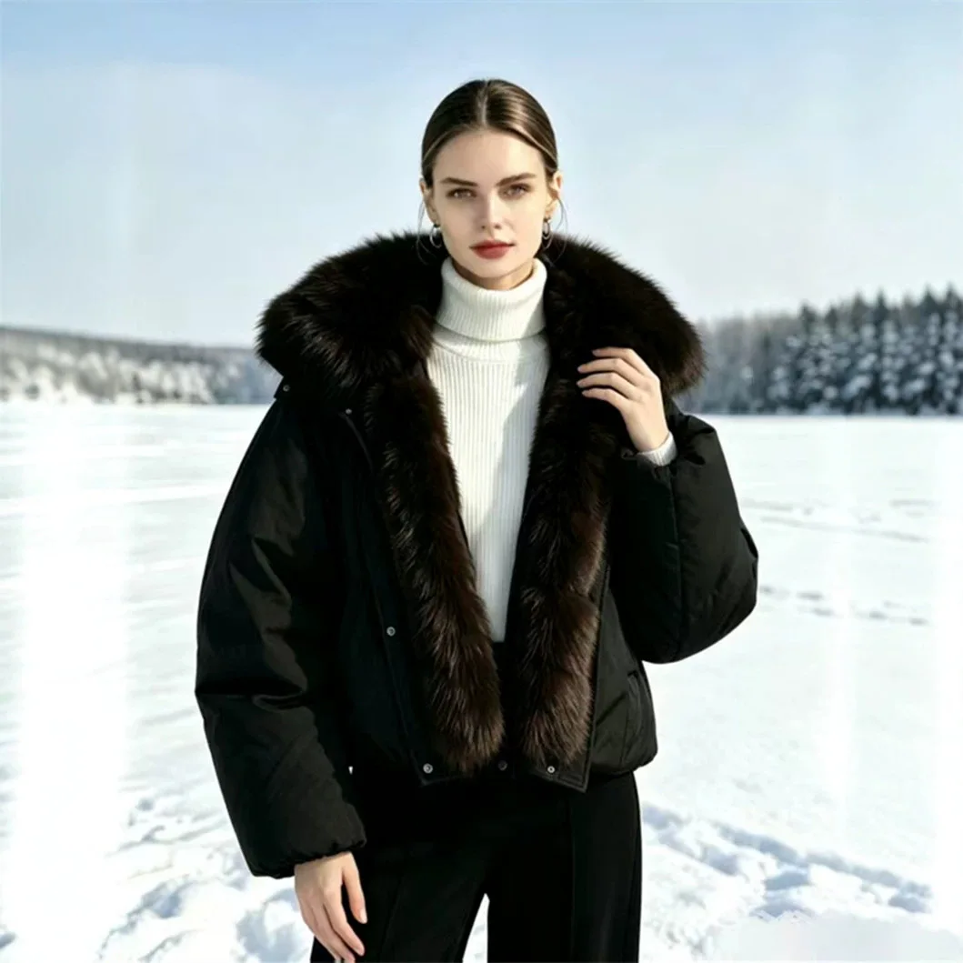 Winter Natural Large Fur Collar Short Down Jacket Female Thicken Warm Quilted Parker Jacket Women White Duck Down Loose Outwears