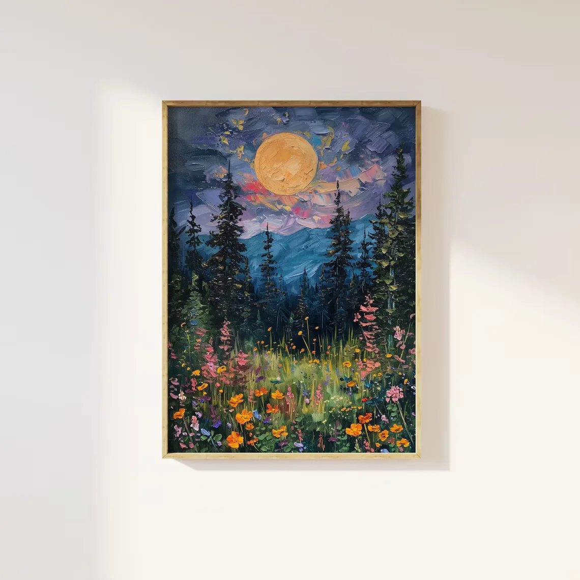 Moon above the wildflowers and woodland art print | full moon above nature oil painting, flowers and trees, mystical midnight en