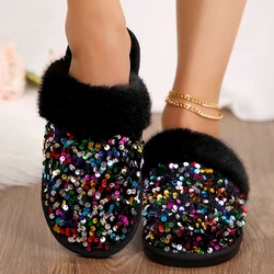 Shining Sequins Home Fur Slippers Women 2024 Winter Warm Plush Flat Cotton Shoes Woman Indoor Bedroom Soft Sole Fluffy Slippers