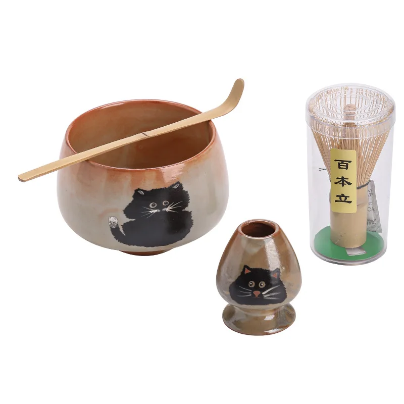 2-4PCS ​Shino-neko Creative Ceramic Matcha Set: Chasen-stand Matcha Bowl, Hyakuhon-ri Tea Scoop, and Full Whisking Tool Set.​