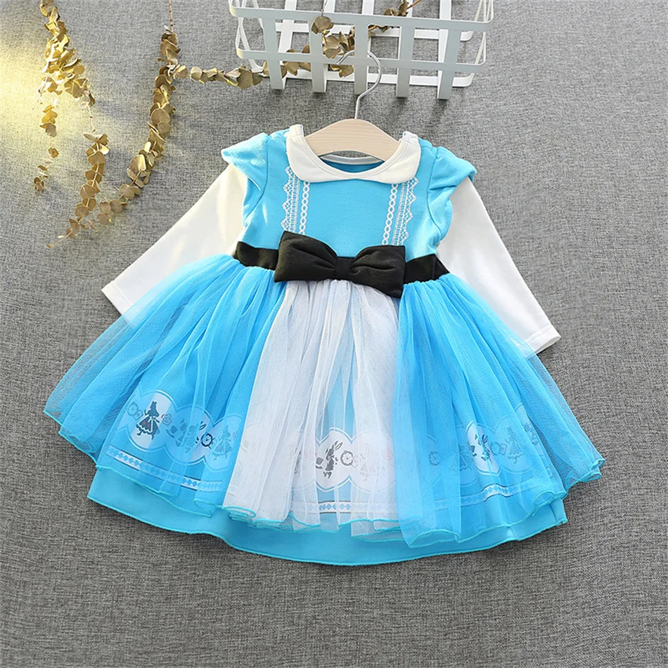 Casual Dresses for Girls Disney Princess Ice and Snow Anna Alice Print Mesh Dress Girls Clothes Halloween Costumes Wholesale