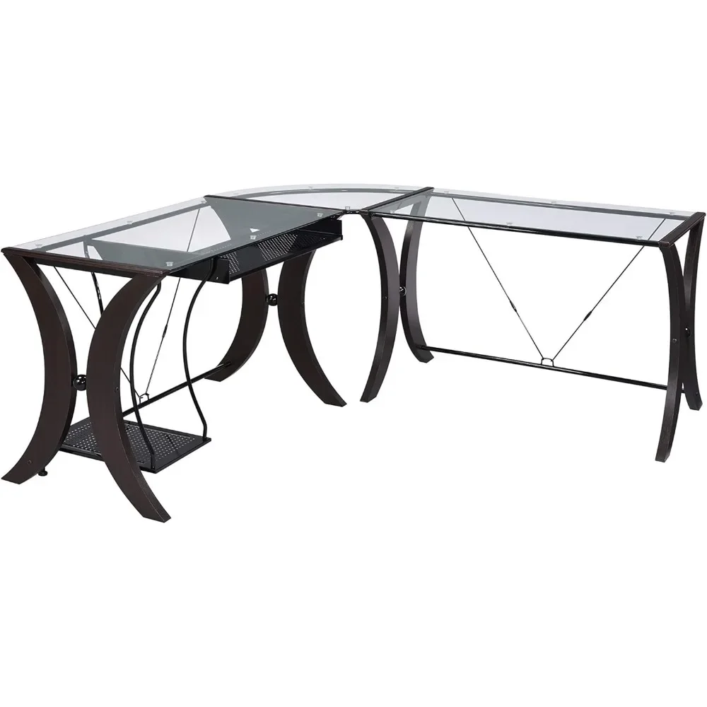 

Engineered Wood and Metal - 67-Inch L-Shaped Computer Desk with Keyboard Tray, Tempered Glass