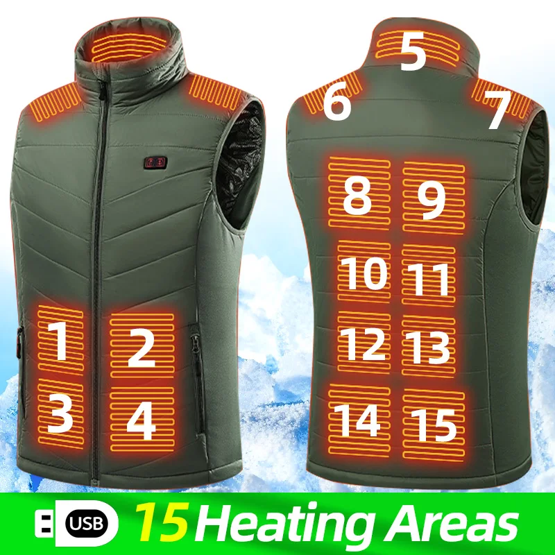 

15 Areas Windproof Heated Vest Men USB Electric Self Heating Vest Rechargeable Heated Jacket Warming Lightweight Heated Clothes