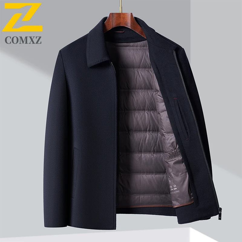

2025 Winter Men Wool Jacket New Fashion Turndown Collar Anti Pilling Trench Coat Classic Detachable Down Inner Warm Jackets