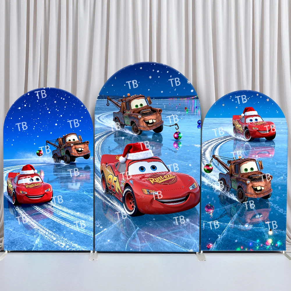 

Disney Pixar Cars Arch Backdrop Cover Birthday and Baby Shower Christmas Santa Hat Ice Decor Theme for Kids Party Photo Booth